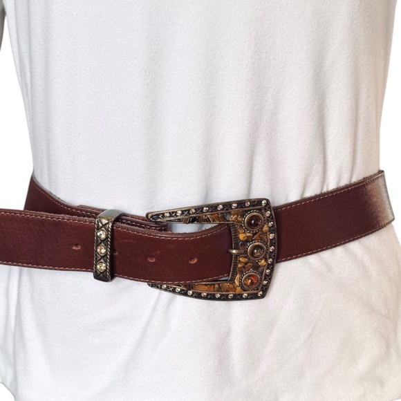 Leatherock Brown Leather Belt Mosaic Western Buckle M34 main image 4